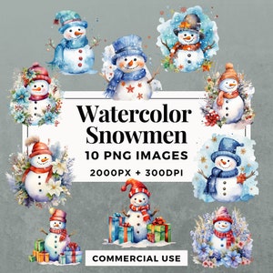 10 Watercolor Snowmen Clipart Pack INSTANT DOWNLOAD 10 Snowman Illustrations, PNG Transparent Background, Personal & Commercial Use. THS001
