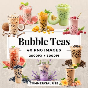 40 Bubble Teas Clipart Pack SOFORT-DOWNLOAD 40 bunte Bubble Tea Illustrationen, PNG transparenter Hintergrund, kommerzielle Nutzung. THS003