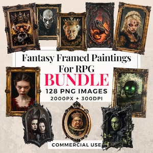 RPG 用ファンタジー額入り絵画 128 点セット クリップアート バンドル - 即時ダウンロード、PNG 画像、透明な背景、個人および商用利用。THS003