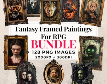 May include: A set of 128 fantasy framed paintings for role-playing games. The paintings are in ornate frames and feature a variety of characters and creatures, including a king, a queen, a vampire, a dragon, and a forest spirit. The paintings are 2000 pixels by 2000 pixels and 300 DPI.  The text on the image reads "Fantasy Framed Paintings for RPG Bundle 128 PNG Images 2000px + 300DPI Commercial Use".