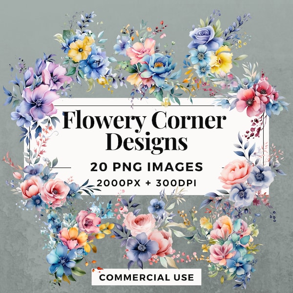 20 Flowery Corner Designs Clipart Pack INSTANT DOWNLOAD 20 Floral Corner Illustrations, PNG Transparent Background, Commercial Use. THS001