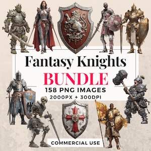 May include: A digital art bundle featuring fantasy knights in various poses, armor, and weaponry. The image includes shields, swords, and banners. Text on the image reads "Fantasy Knights Bundle, 158 PNG Images, 2000PX + 300DPI, Commercial Use."
