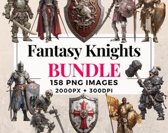 Fantasy Knights Clipart Bundle: Medieval Warrior PNG Images (Instant Download, Commercial Use)