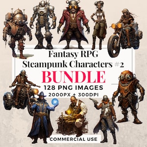 128 ファンタジー RPG スチームパンク キャラクター #2 クリップアート バンドル - 即時ダウンロード、PNG 画像、透明な背景、商用利用。THS003