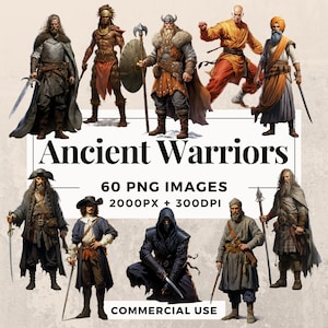 Paquete de imágenes prediseñadas de 60 guerreros antiguos DESCARGA INSTANTE 60 ilustraciones de guerreros antiguos poderosos, fondo transparente PNG, uso comercial. THS003