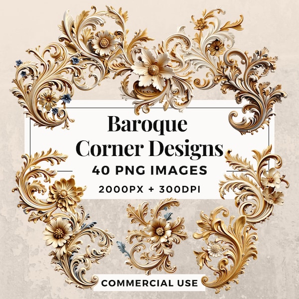Pack de 40 cliparts de motifs baroques d'angle TÉLÉCHARGEMENT IMMÉDIAT 40 éléments décoratifs ornés, arrière-plan PNG transparent, usage commercial. THS003