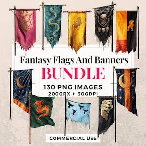 130 Fantasy Flaggen und Banner Clipart Bundle - Sofortiger Download, PNG-Bilder, transparenter Hintergrund, persönlicher und kommerzieller Gebrauch. THS003