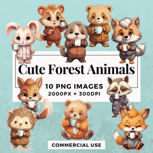 10 mignons animaux de la forêt Clipart Pack TÉLÉCHARGEMENT INSTANTANÉ 10 illustrations d’animaux de la forêt, fond transparent PNG, utilisation commerciale. THS004