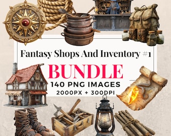 140 Fantasy Shops and Inventory Clipart Bundle #1 - Instant Download, PNG Images, Transparent Background, Personal & Commercial Use. THS003