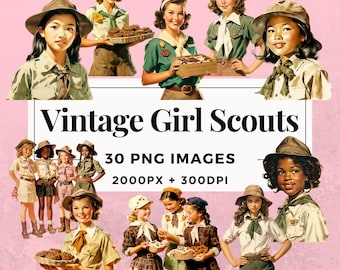 30 Vintage Girl Scouts Clipart Pack INSTANT DOWNLOAD 30 Charming Girl Scout Illustrations, PNG Transparent Background,Commercial Use. THS006