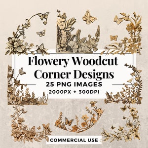 25 Blumige Holzschnitt-Ecken Designs, Clipart-Pack, SOFORTIGER DOWNLOAD 25 Blumenillustrationen, PNG für transparenten Hintergrund, kommerzielle Nutzung. THS003