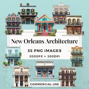 Pack de 35 cliparts Architecture de la Nouvelle-Orléans TÉLÉCHARGEMENT IMMÉDIAT, arrière-plan PNG transparent, usage personnel et commercial. THS004