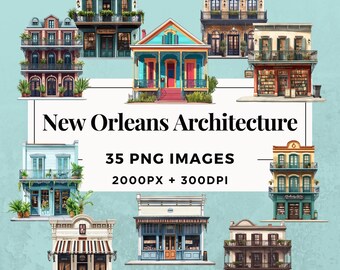 Paquete de 35 imágenes prediseñadas de arquitectura de Nueva Orleans DESCARGA INSTANTÁNEA, fondo PNG transparente, uso personal y comercial. THS004