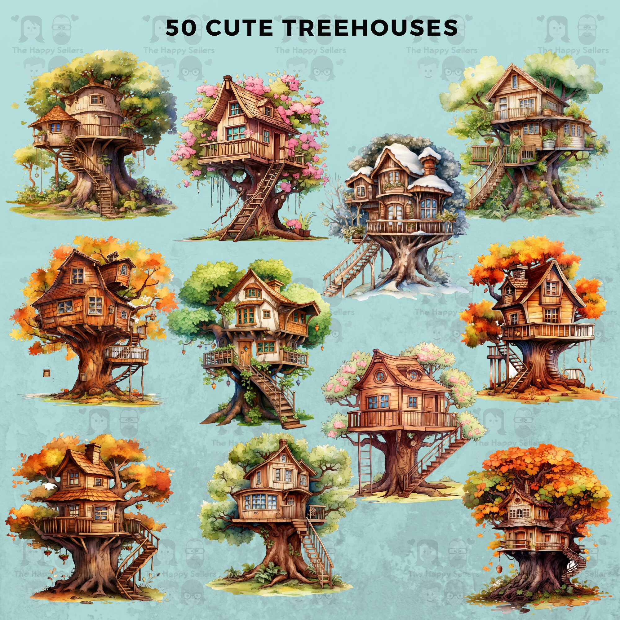50 Cute Treehouses Clipart Pack INSTANT DOWNLOAD 50 Adorable Treehouse ...