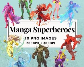 10 Manga Superheroes Clipart Pack TÉLÉCHARGEMENT INSTANTANÉ 10 Illustrations de super-héros Manga, fond transparent PNG, utilisation commerciale. THS004