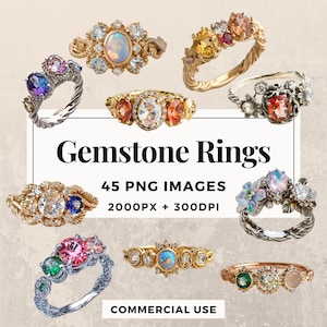 45 edelsteen ringen clipart pack INSTANT DOWNLOAD 45 elegante edelsteen ring illustraties, transparante PNG achtergrond, commercieel gebruik. THS003