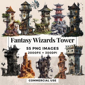 55 Fantasy Wizards Tower Clipart Pack INSTANT DOWNLOAD 55 Enchanting Tower Illustrations, PNG Transparent Background, Commercial Use. THS003
