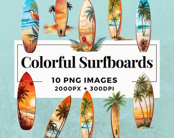 10 Colorful Surfboards Clipart Pack INSTANT DOWNLOAD 10 Vibrant Surfboard Illustrations, PNG Transparent Background, Commercial Use. THS004