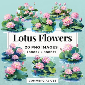 20 Lotus bloemen clipart pack INSTANT DOWNLOAD 20 elegante lotusbloem illustraties, PNG transparante achtergrond, commercieel gebruik. THS004