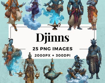 Paquete de 25 imágenes prediseñadas de genios (DESCARGA INMEDIATA). 25 ilustraciones de genios místicos, PNG con fondo transparente, para uso personal y comercial. THS004