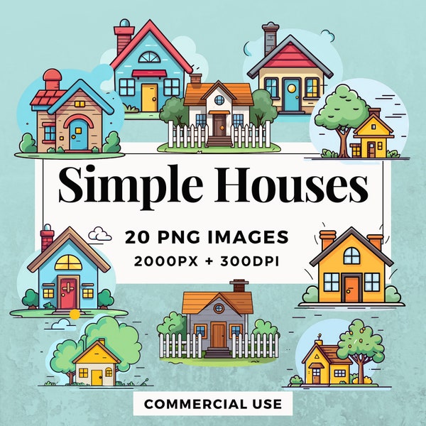 20 Simple Houses Clipart Pack INSTANT DOWNLOAD 20 Charming House Illustrations, PNG Transparent Background, Personal & Commercial Use.THS004