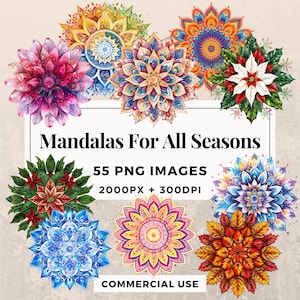 Pacchetto clipart 55 mandala per tutte le stagioni DOWNLOAD IMMEDIATO 55 bellissimi disegni stagionali, sfondo PNG trasparente, uso commerciale. THS003