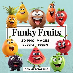 20 Funky Fruits Clipart Pack DESCARGA INSTANTE 20 Ilustraciones juguetonas de frutas Funky, fondo transparente PNG, uso comercial. THS004