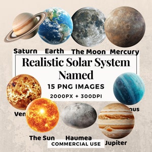 15 Paquete de imágenes prediseñadas con nombre del sistema solar realista: DESCARGA INSTANTE, fondo transparente PNG, uso personal y comercial. THS003