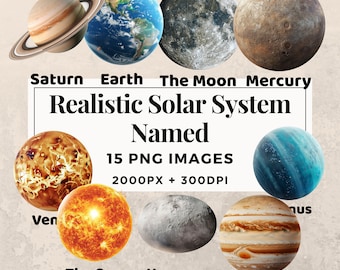 15 Realistic Solar System Named Clipart Pack - INSTANT DOWNLOAD, PNG Transparent Background, Personal & Commercial Use. THS003