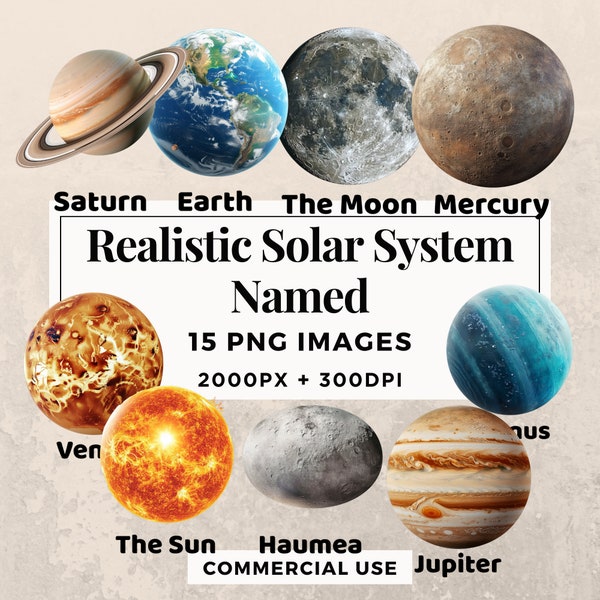 15 Realistic Solar System Named Clipart Pack - INSTANT DOWNLOAD, PNG Transparent Background, Personal & Commercial Use. THS003