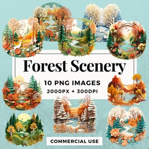 10 Forest Scenery Clipart Pack TÉLÉCHARGEMENT INSTANTANÉ 10 Illustrations de scènes de forêt luxuriante, fond transparent PNG, utilisation commerciale. THS004