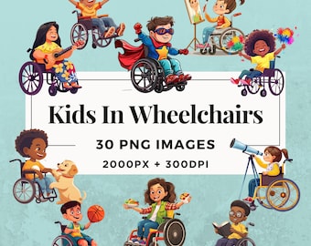 May include: A set of 30 digital illustrations of children in wheelchairs. The illustrations are colourful and feature children of different races and genders engaging in various activities, such as playing music, painting, reading, and playing with a dog. The illustrations are 2000 pixels wide and 300 DPI.