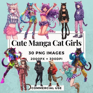 30 süße Manga Katzen Mädchen Clipart Pack, SOFORTIGER DOWNLOAD 30 Anime-inspirierte Illustrationen, PNG für transparenten Hintergrund, kommerzielle Nutzung. THS004