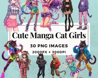 May include: A digital illustration of 30 cute manga cat girls with cat ears and tails. The girls are wearing a variety of outfits, including casual clothes, school uniforms, and cosplay costumes. The image is set against a light blue background.  The text "Cute Manga Cat Girls", "30 PNG IMAGES", "2000PX + 300DPI", and "COMMERCIAL USE" is included in the image.