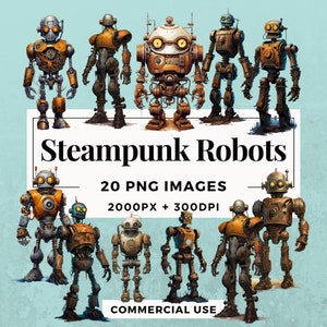 20 Steampunk Robots Clipart Pack INSTANT DOWNLOAD 20 Mechanical Marvels, PNG Transparent Background, Personal & Commercial Use. THS004