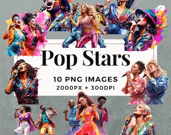 10 Pop Stars Clipart Pack INSTANT DOWNLOAD 10 Vibrant Pop Star Illustrations, PNG Transparent Background, Personal & Commercial Use. THS001
