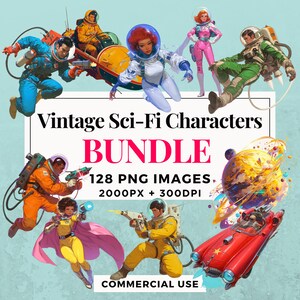 128 Vintage Sci-Fi Characters Clipart Bundle - Instant Download, PNG Images, Transparent Background, Personal & Commercial Use. THS004