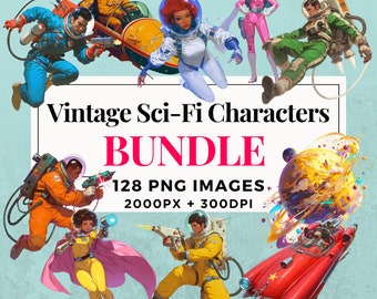 128 枚のビンテージ SF キャラクター クリップアート バンドル - 即時ダウンロード、PNG 画像、透明な背景、個人および商用利用。THS004
