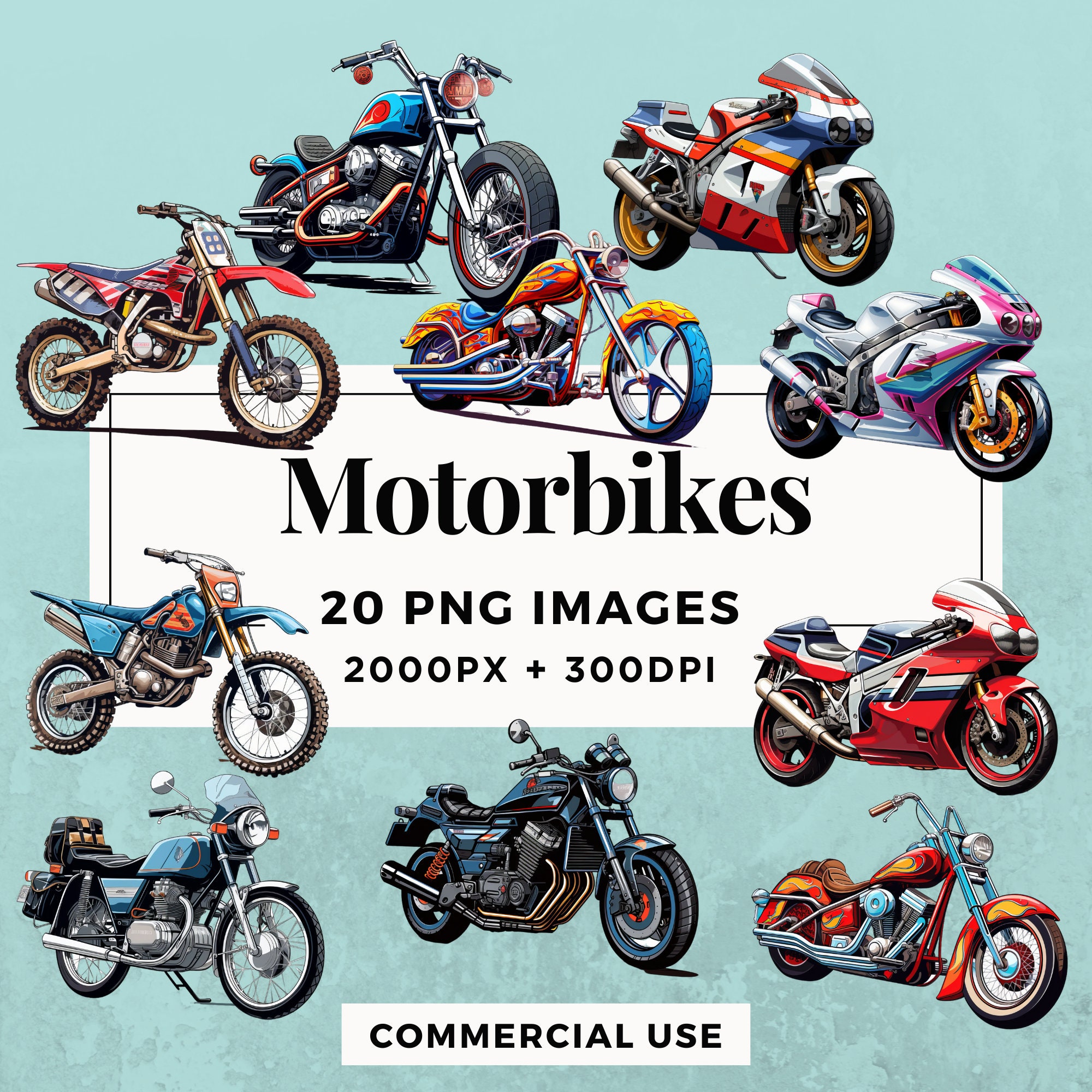 20 Motorbikes Clipart Pack INSTANT DOWNLOAD 20 Motorcycle Illustrations, PNG Transparent Background, Personal & Commercial Use. THS004