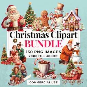 130 Christmas Clipart Bundle - Instant Download, Festive Holiday Illustrations, PNG Images, Transparent Background, Commercial Use. THS004