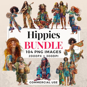 104 hippies clipartbundel - Instant Download, Boho Lifestyle illustraties, PNG-afbeeldingen, transparante achtergrond, commercieel gebruik. THS003
