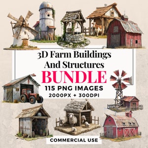 Pacchetto di 115 clipart di edifici e strutture agricole 3D - Download istantaneo, immagini PNG, sfondo trasparente, uso personale e commerciale. THS003