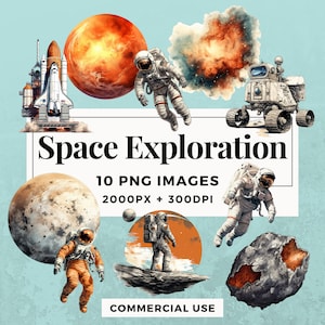 May include: A set of 10 space exploration themed digital illustrations. The illustrations include astronauts, planets, a rocket, a space rover, and asteroids. The illustrations are in a watercolor style and are perfect for use in digital scrapbooking, card making, and other creative projects.  Space Exploration 10 PNG IMAGES 2000PX + 300DPI COMMERCIAL USE