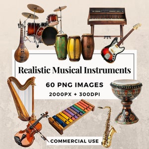 60 realistische muziekinstrumenten Clipart Pack - INSTANT DOWNLOAD, PNG transparante achtergrond, persoonlijk en commercieel gebruik. THS003