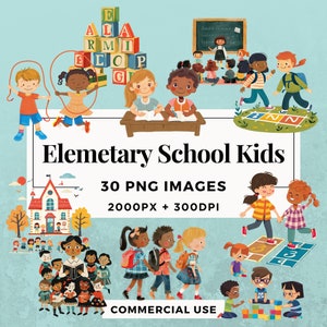 30 Elementary School Kids Clipart Pack INSTANT DOWNLOAD 30 Adorable Illustrations, PNG Transparent Background, Commercial Use. THS004