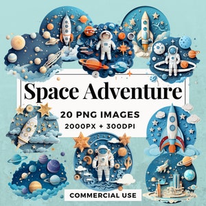 20 Paquete de imágenes prediseñadas de aventuras espaciales DESCARGA INSTANTE 20 ilustraciones de aventuras cósmicas, fondo transparente PNG, uso comercial. THS004