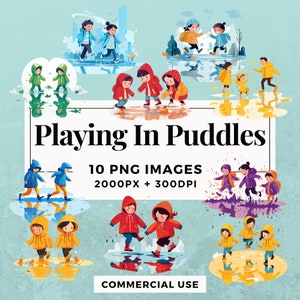 10 Playing In Puddles Clipart Pack INSTANT DOWNLOAD 10 Puddle Play Illustrations, PNG Transparent Background, Commercial Use. THS004