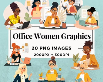 20 Office Women Graphics Clipart Pack - INSTANT DOWNLOAD, PNG Transparent Background, Personal & Commercial Use. THS004