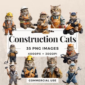 35 Construction chats Clipart Pack TÉLÉCHARGEMENT INSTANTANÉ 35 images de chat, images de fond transparent PNG, usage personnel et commercial. THS003