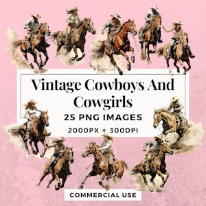 25 Vintage Cowboys en Cowgirls Clipart Pack - INSTANT DOWNLOAD, PNG transparante achtergrond, persoonlijk en commercieel gebruik. THS006